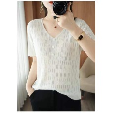 批发冰丝短袖T恤女春季新款外穿V领<b class='q'>针织衫</b>薄款<b class='q'>大码</b>宽松打底上衣潮