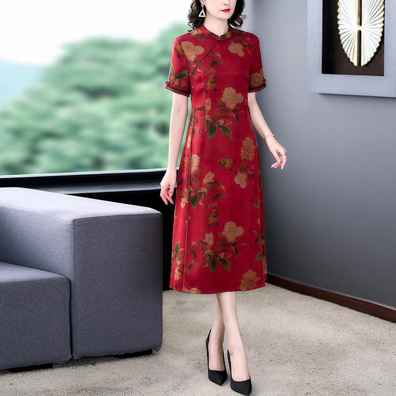 MY8654# 香云纱妈妈婚宴礼服喜婆婆结婚连衣裙桑蚕丝真丝旗袍女裝貨源服...