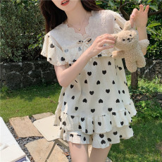 批发实拍实价韩版甜美爱心亲肤<b class='q'>婴儿</b>棉刺绣蕾丝V领飞飞袖公主风家居服