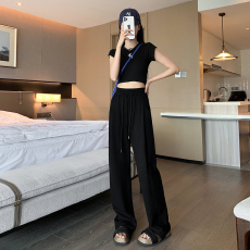 2023春夏大褶冰丝卫裤窄版小直筒垂感阔腿拖地高腰加长休闲裤子女