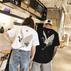 批发100%纯棉官图 夏季中国风<b class='q'>体恤</b>半截袖刺绣仙鹤短袖T恤<b class='q'>男</b>女