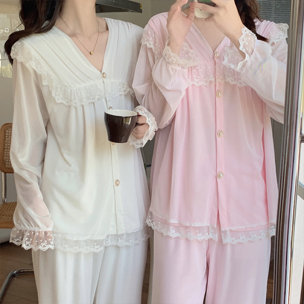RM5388#春夏新款长袖睡衣莫代尔+网纱白色粉色公主风