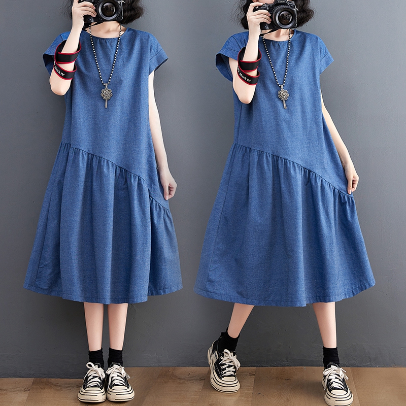 실사 2026 여름 새로운 빅 사이즈 여성 의류 주간 실크 데님 드레스 문예 품격 슬림해 보이는 중간 길이 스커트