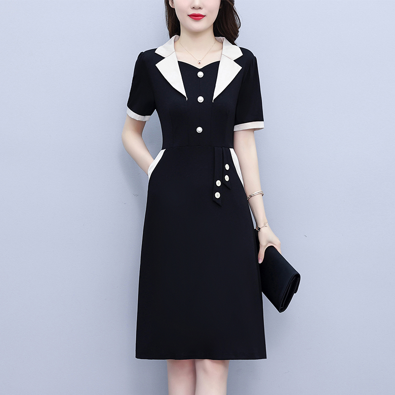 MY8054# 夏季新款胖妹妹修身显瘦遮肚西装领中年妈妈洋气连衣裙通勤女裝貨源服裝批發
