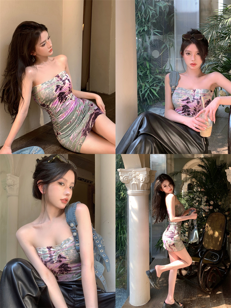 實拍 紫色暈染顯瘦外穿內搭性感緊身辣妹裙子抹胸兩穿