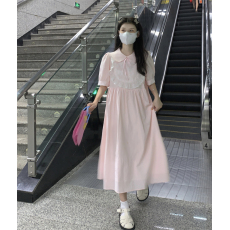 批发实拍现货~大码女装新款粉色蕾丝边重工娃娃领连衣裙女