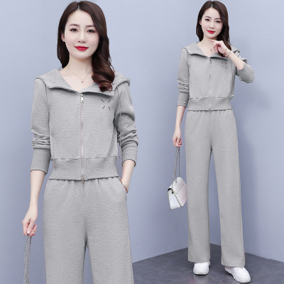 休闲运动服时尚洋气套装女2023春季新款连帽卫衣显瘦阔腿裤两件套