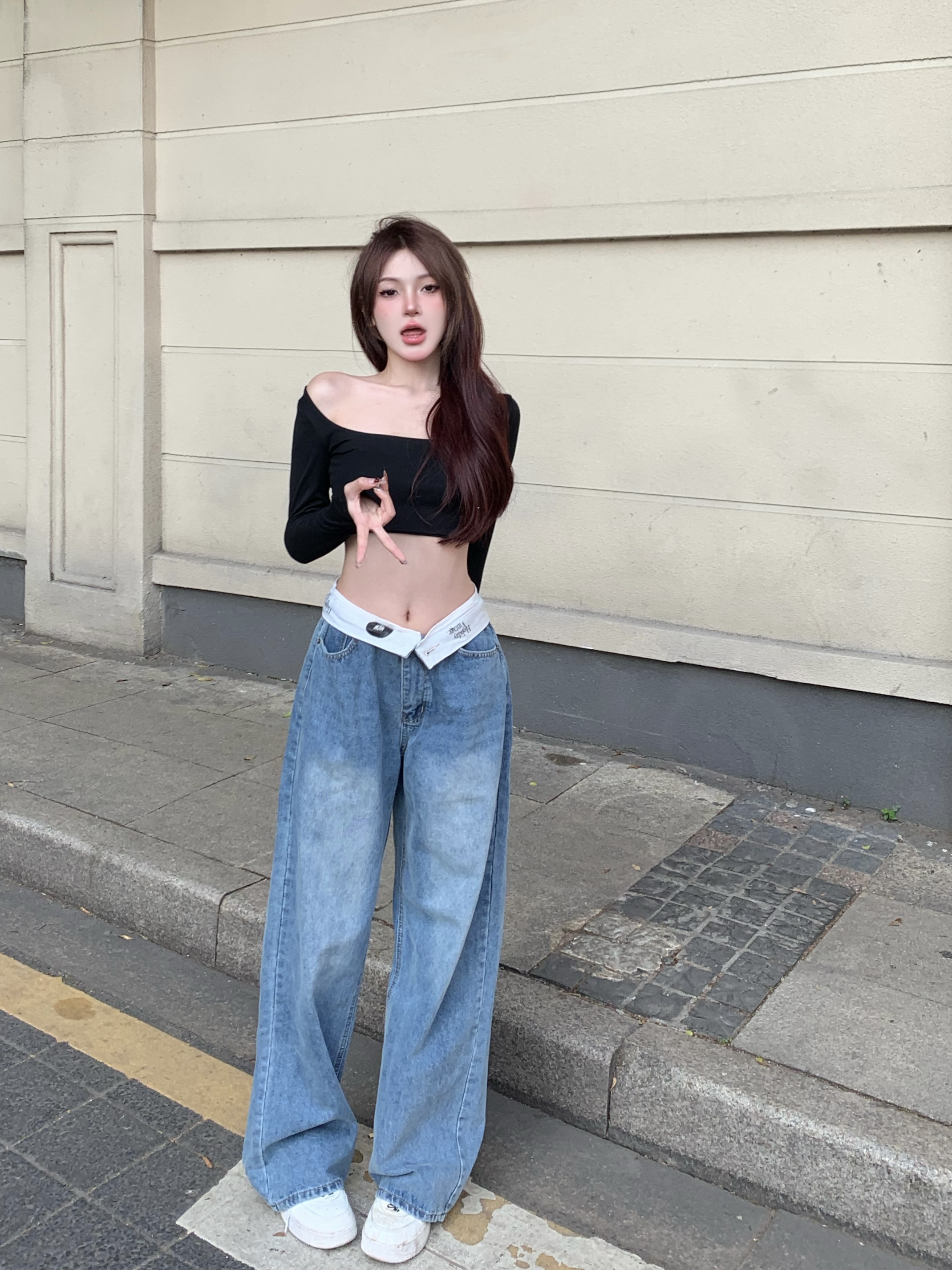 실사 정가 바지 허리 Eversion 디자인 센스 스트레이트 청바지 여성 새로운 루즈핏 슬림해 보이는 와이드 레그 팬츠 긴 바지 트렌디