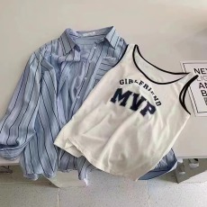 批发<b class='q'>韩版</b>春夏T恤条纹衬衫 两件套时尚原宿风百搭防晒衣套装女