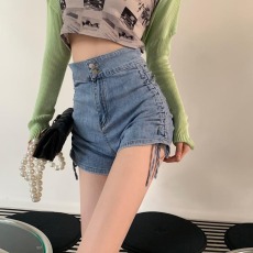 高腰牛仔短裤女2023夏季新款韩版抽绳设计感显瘦a字绑带裤潮