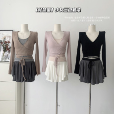 Wuuus日常balletcore自带胸垫背心 绑带长袖上衣女针织衫上衣