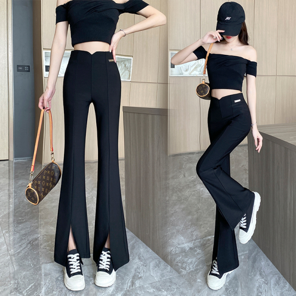 RM8900#喇叭裤子女春2023年新款高腰显瘦垂感黑色西装长裤开叉微喇裤