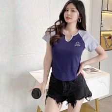 小V领撞色短袖纯棉T恤女2023夏季甜辣妹笑脸印花短款简约休闲上衣