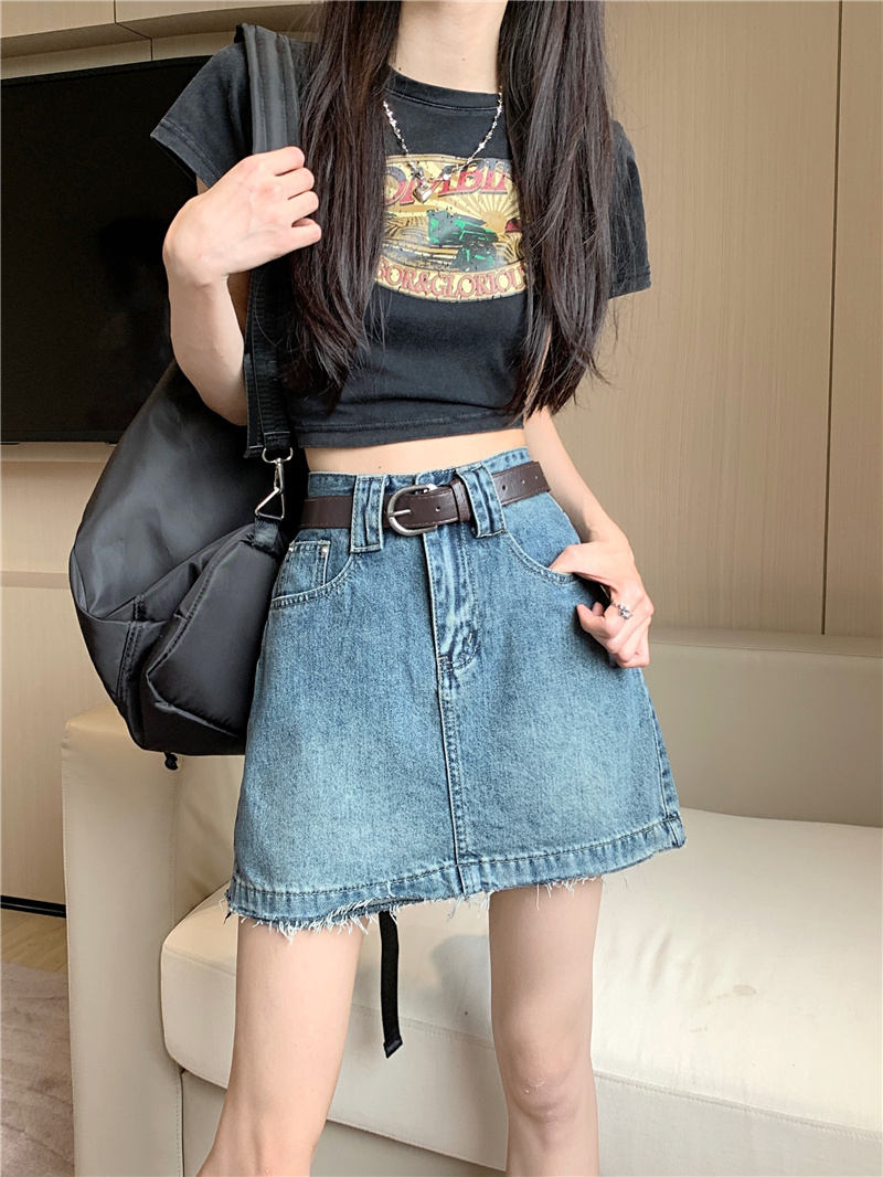 Actual shot and real price new high-waisted, slim and versatile raw edge denim skirt, anti-exposure A-line skirt