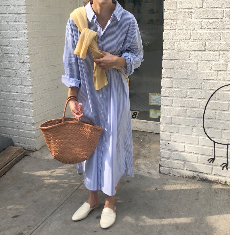 早秋款 韓國素人chic百搭小清新條紋Polo領單排扣長款連衣裙