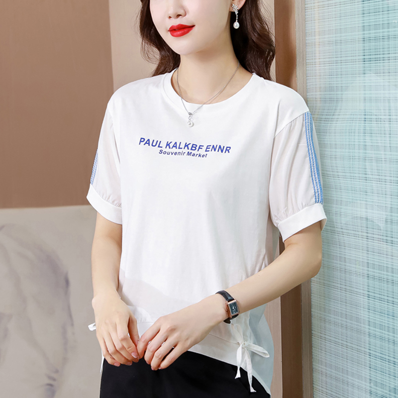 MY10783# 夏季新款T恤女短袖圆领字母印花简约休闲百搭系带上衣女女裝...