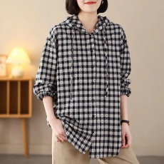批发格纹衬衫女连帽抽绳文艺气质休闲宽松大码百搭显瘦<b class='q'>春</b>季衬衣
