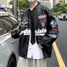 批发美式潮牌PU皮夹克上衣男秋季情侣宽松棒球服男街头机车休闲外套男