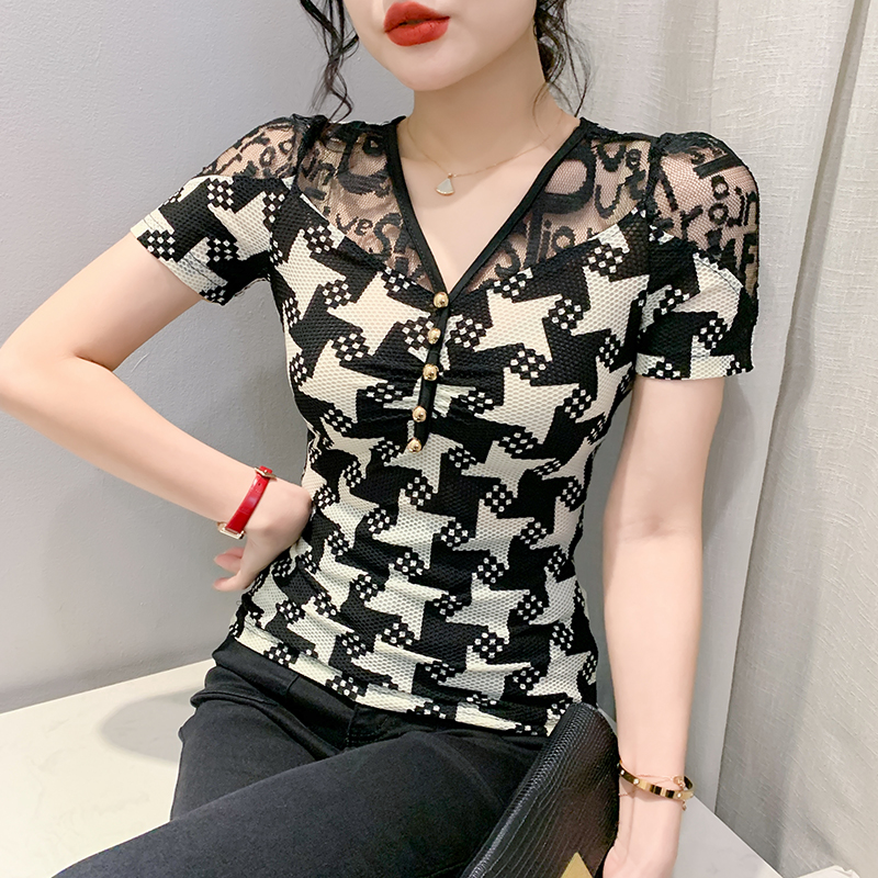 FA21227# 夏季新款蕾丝镂空小众设计V领性感熟女印花短袖女时尚小衫服裝批發女裝批發服飾貨源