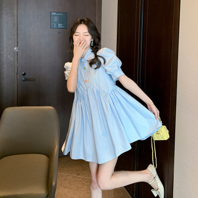 蓝色娃娃领连衣裙2023年新款夏季收腰减龄泡泡袖小个子a字仙女裙