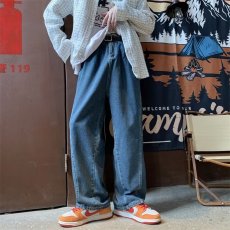 批发<b class='q'>日系</b><b class='q'>复古</b>松紧腰牛仔裤男工装潮牌水洗剪裁宽松大码加肥阔腿长裤男