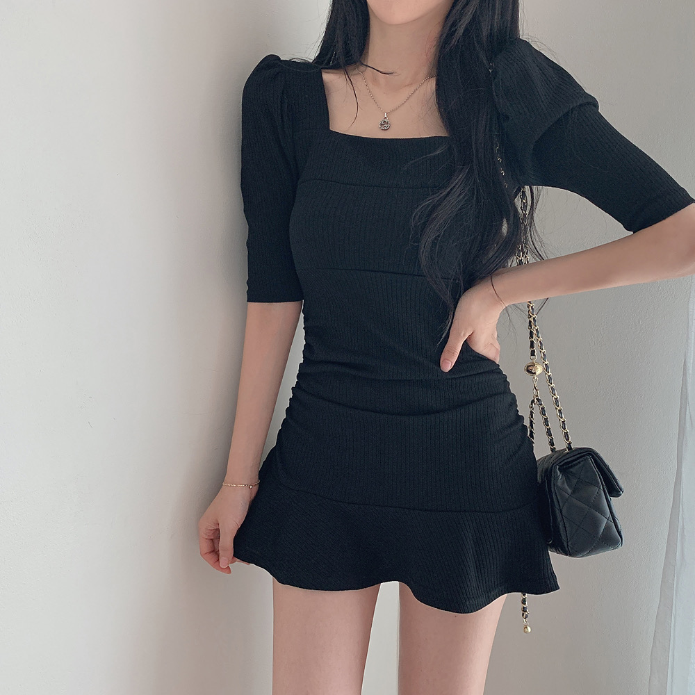 TR76246# 韩国chic夏季甜美气质方领露锁骨修身显瘦泡泡袖包臀短款连衣裙女