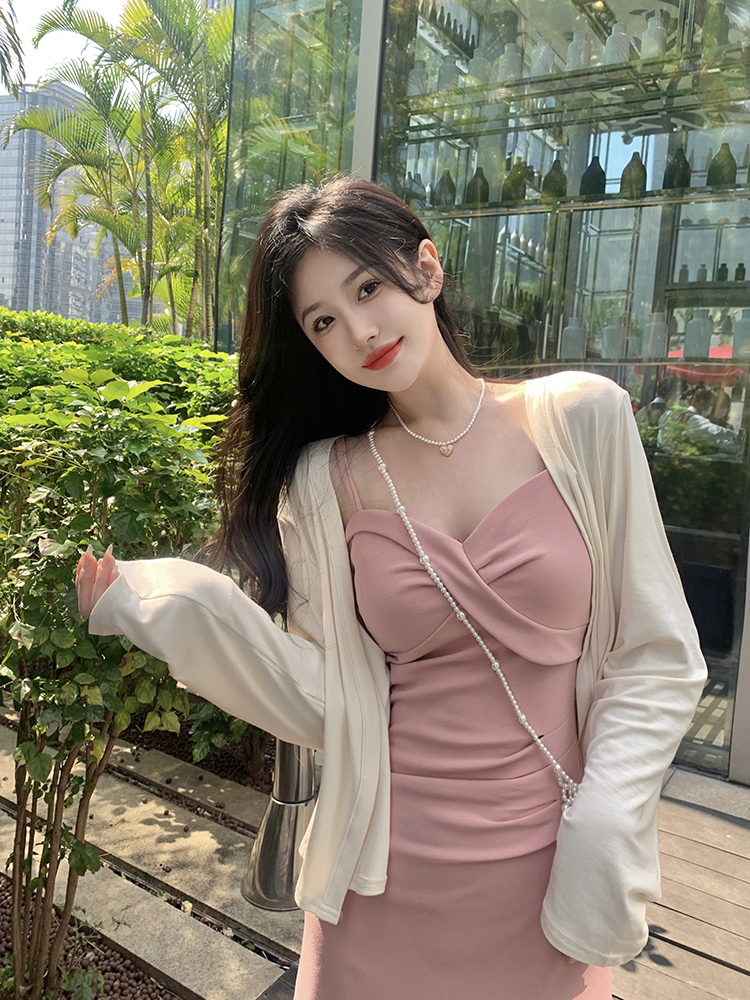 특별 가격 아니요 돌아 가기 실사 정가 4000 개 디자인 센스 트임 드레스 허리 수축 슬립 드레스 오픈 가디건 투피스 세트
