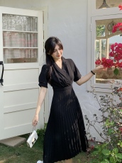 实拍现货夏季气质西装领连衣裙胖mm黑色长裙百褶裙大码女装