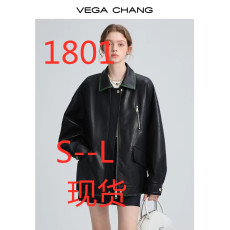 批发VEGA CHANG黑色皮衣女2023春装宽松显瘦机车风pu皮夹克港风短外套