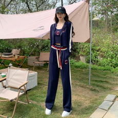 批发休闲运动服套装女春季新款时尚洋气显瘦收腰炸街卫衣阔腿裤三件套