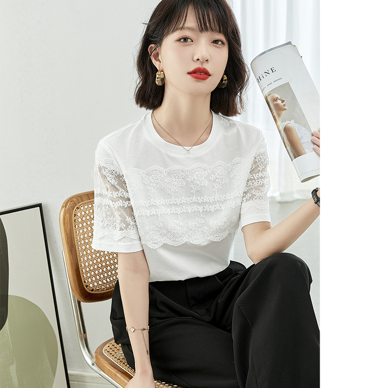 FA31369# 蕾丝拼接圆领短袖T恤女夏季新款设计感小众舒适纯棉钩花上衣 服裝批發女裝批發服飾貨源