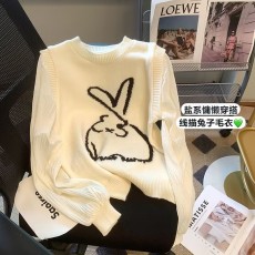 实拍法式温柔假两件兔子针织衫女早春拼接泡泡袖减龄上衣宽松毛衣