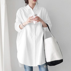 批发卡其色韩版宽松纯棉<b class='q'>长袖</b>中长款休闲女装<b class='q'>衬衫</b>百搭<b class='q'>衬衣</b>大码女装