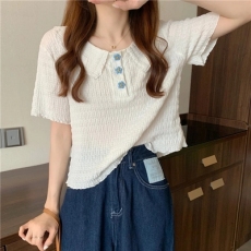 花朵短袖衬衫Polo褶皱夏季2023新款娃娃领短款白色韩风chic上衣女