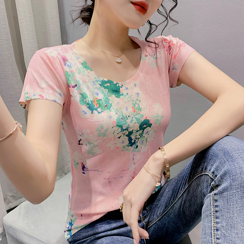 RY193# 2026夏装新款时尚定位印花短袖T恤打底衫修身上衣女