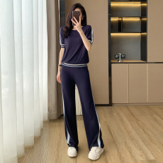 批发<b class='q'>欧洲站</b>简约休闲拼色冰丝运动针织<b class='q'>套装</b>女夏季新款时尚减龄两件套