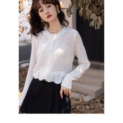 谜秀镂空针织开衫2023春秋装新款法式薄款温柔马海毛上衣女潮