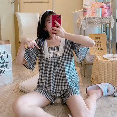 批发爱丽#夏季女短袖甜美花边公主风可爱仿棉<b class='q'>睡衣</b>家居服套装直播款