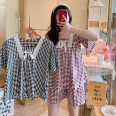 批发爱丽#夏季女短袖甜美花边公主风可爱仿棉<b class='q'>睡衣</b>家居服套装直播款