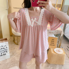 批发爱丽#夏季女短袖甜美花边公主风可爱仿棉<b class='q'>睡衣</b>家居服套装直播款