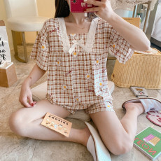 批发爱丽#夏季女短袖甜美花边公主风可爱仿棉<b class='q'>睡衣</b>家居服套装直播款