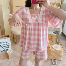 批发爱丽#夏季女短袖甜美花边公主风可爱仿棉<b class='q'>睡衣</b>家居服套装直播款
