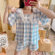 批发爱丽#夏季<b class='q'>女</b>短袖甜美花边公主风可爱仿棉睡衣家居服<b class='q'>套装</b>直播款