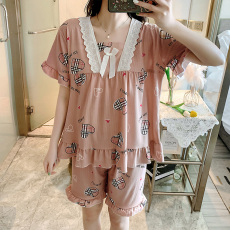 批发爱丽#夏季<b class='q'>女</b>短袖甜美花边公主风可爱仿棉睡衣家居服<b class='q'>套装</b>直播款
