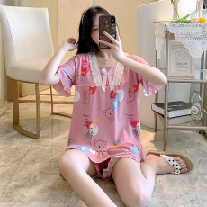 批发爱丽#夏季女短袖甜美花边公主风可爱仿棉<b class='q'>睡衣</b>家居服套装直播款