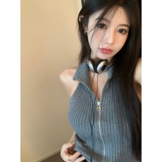 批发灰色无袖针织吊带背心女夏季辣妹拉链半高领挖肩紧身短款上衣外穿