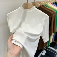 现货实拍#半高领打底衫女2022欧货早秋新款修身上衣纯色短袖t恤女