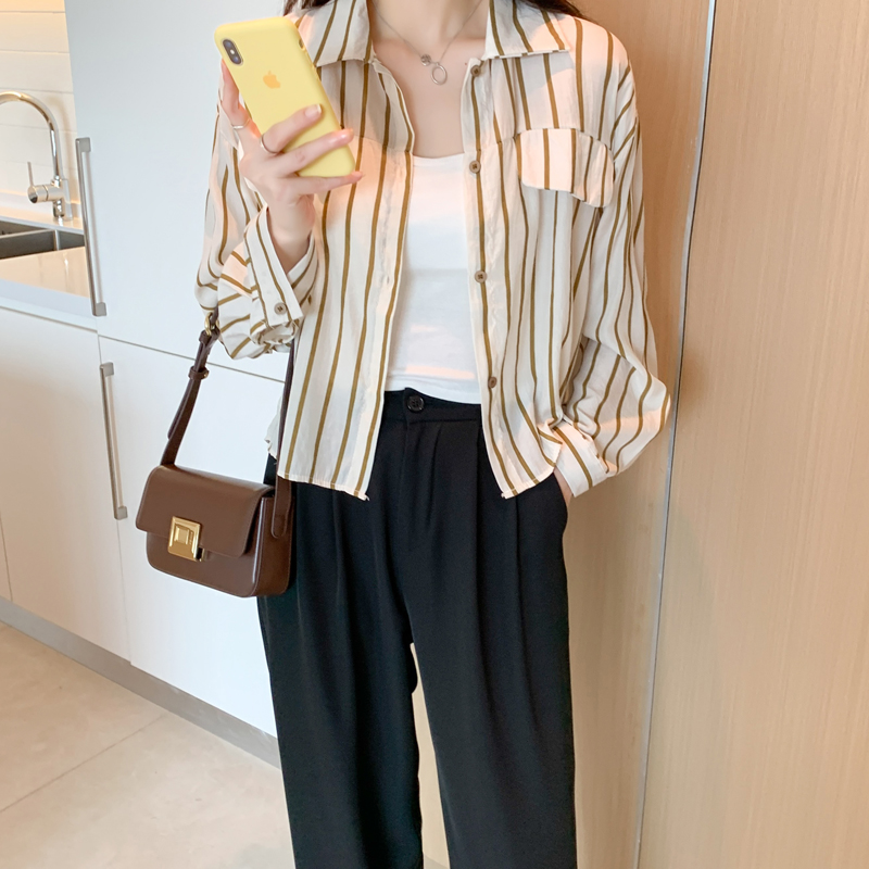 PF19732# 实拍洋气港风秋季新款女装翻领条纹雪纺衫上衣开衫衬衫打底衫衬衣