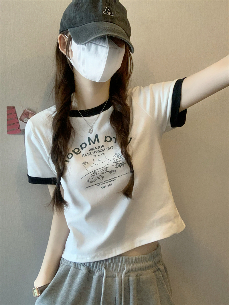 Real shot and real price~Summer new retro letter pattern printing contrasting color slimming short-sleeved T-shirt top for women