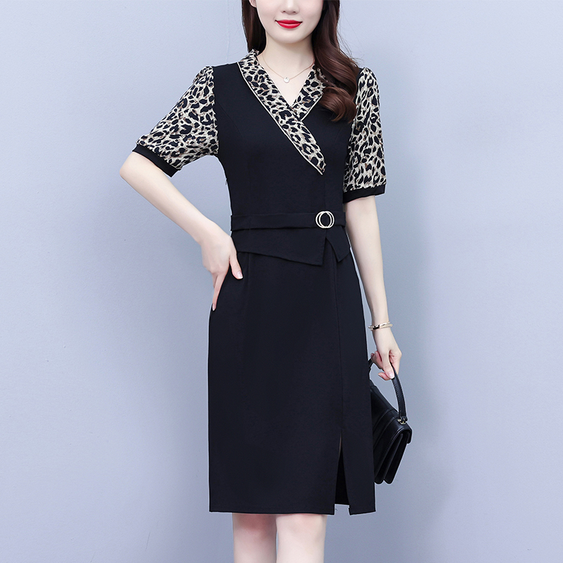 MY332#大码女装夏季新款胖mm豹纹拼接气质显瘦连衣裙收腰韩版女裝貨源服裝批發